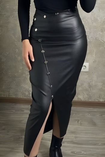 new stylish plus-size patchwork black high-waist slit midi leather skirts