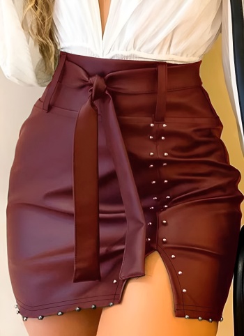 new plus-size slight stretch patchwork pu high-waist mini skirts (with belt)