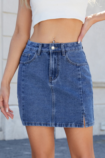 stylish plus size non-stretch solid color slim slit mini denim skirt