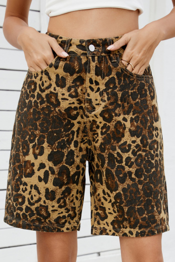casual plus size non-stretch new leopard print cargo denim straight shorts