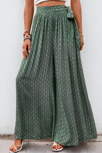 bohemian style non-stretch geometric printing 3 colors lace-up wide-leg pants