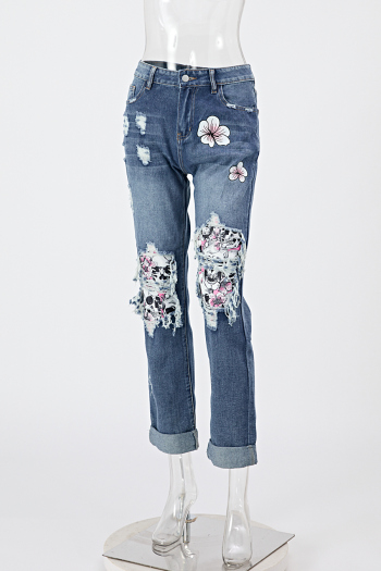 stylish plus size non-stretch skeleton patch all-match straight jeans