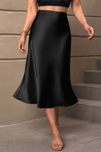 casual non-stretch satin solid color high-waist midi skirt