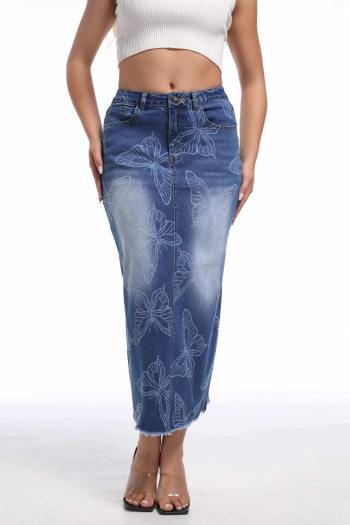 casual plus size non-stretch butterfly print slit midi denim skirt