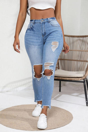 casual plus size slight stretch slim hole high waist jeans