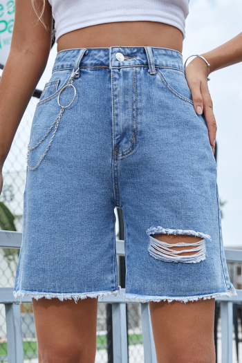 new casual non-stretch patchwork denim holes & chains high-waist shorts