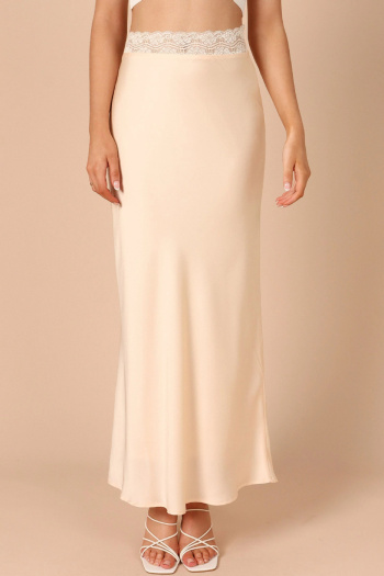 new slight stretch patchwork lace & satin high-waist maxi skirts