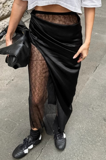 new sexy non-stretch patchwork satin & lace see-through high-waist midi skirts