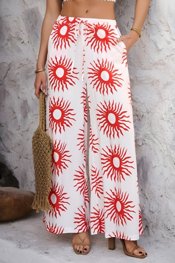 bohemian casual non-stretch sun printing tie-waist pocket straight pants