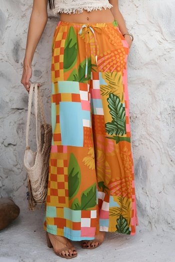 bohemian casual non-stretch graphic printing tie-waist pocket all-match pants