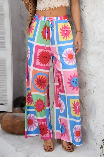 bohemian casual non-stretch lattice and sun print tie-waist pocket pants