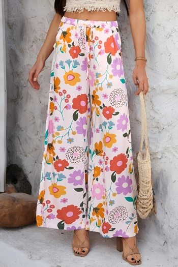 bohemian casual non-stretch floral printing tie-waist pocket all-match pants
