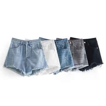 new slight stretch patchwork polyester pockets holes denim shorts