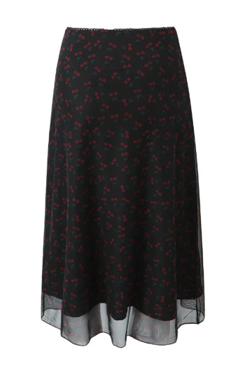 casual slight stretch cherry batch printing high-waist midi skirt size run small