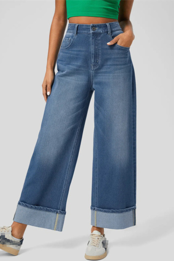 stylish plus-size medium stretch patchwork high-waist wide-leg jeans