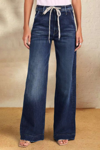 new plus-size medium stretch patchwork denim lace-up high-waist wide-leg pants