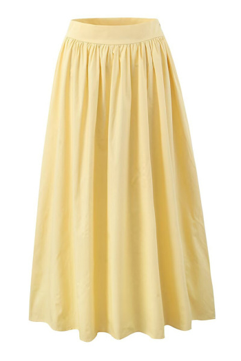 casual non-stretch solid color cotton pleated with zip-up maxi skirt