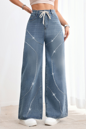 xs-xl stylish non-stretch rhinestone decor high waist loose jeans