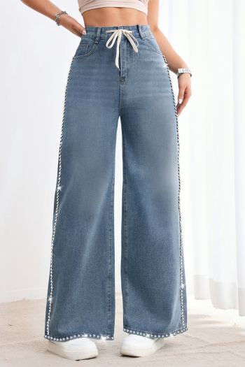 xs-xl stylish non-stretch rhinestone decor tie-waist straight jeans