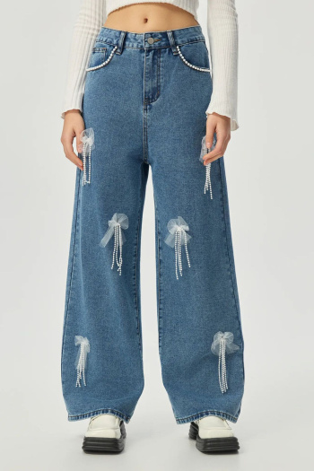 xs-xl stylish chic non-stretch bow beading wide-leg all-match jeans