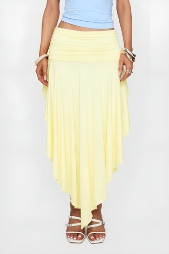 stylish slight stretch pure color ruched irregular split side maxi skirt
