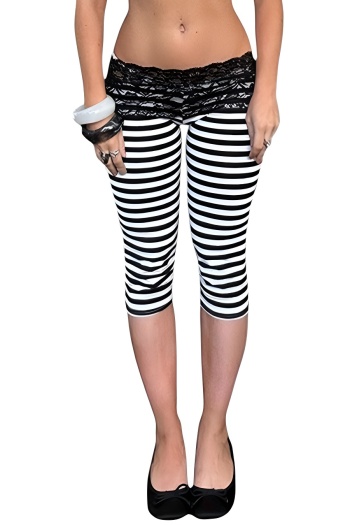 stylish slight stretch lace stripe print all-match cropped leggings