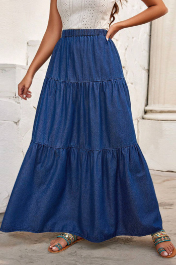 casual plus size non-stretch solid color pleated denim maxi skirt