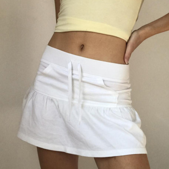 casual slight stretch solid color drawstring pocket mini skirt