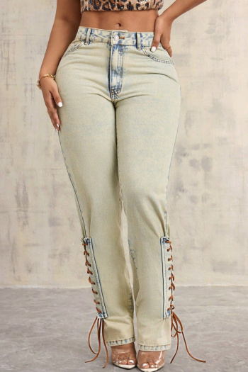 stylish non-stretch patchwork lace-up loose wide-leg jeans