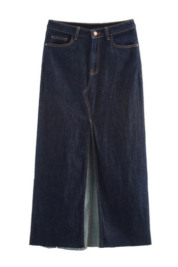 casual non-stretch denim solid color high-waist slit maxi skirt