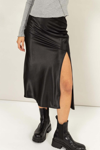 new slight stretch patchwork satin 5-color high-waist slit midi skirts