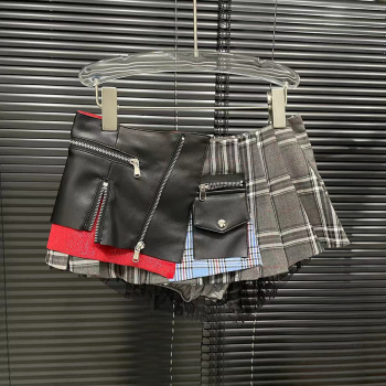 stylish slight stretch pu stitching with lined mini skirt(size run small)