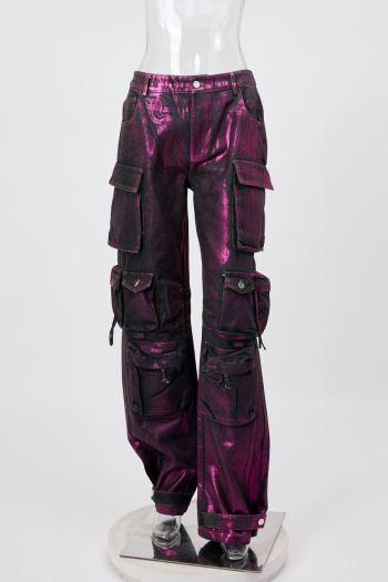 casual non-stretch holographic high-waist pocket pants(size run small)