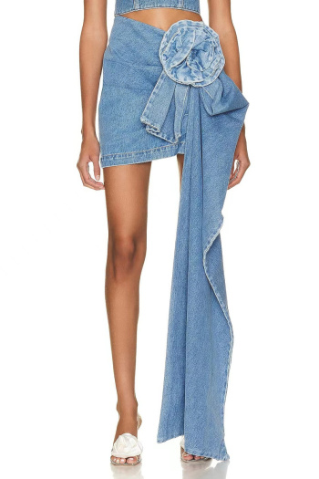 casual non-stretch solid color denim flower decor mini skirt(size run small)