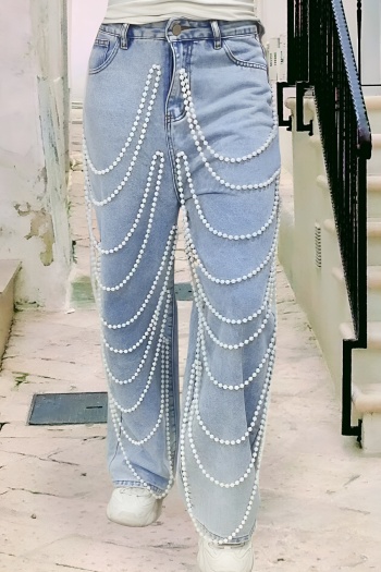 xs-xl stylish non-stretch beading high waist straight jeans