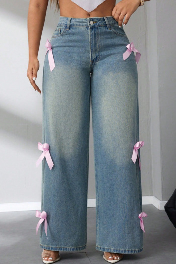 new non-stretch patchwork contrast color bow wide-leg jeans