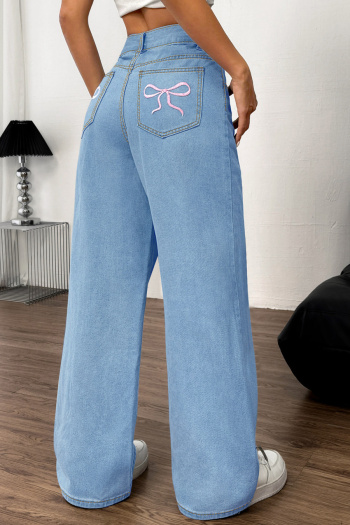 stylish non-stretch patchwork embroidered bow solid color wide-leg jeans