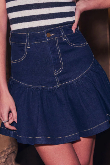 casual non-stretch high-waist solid color denim mini skirt