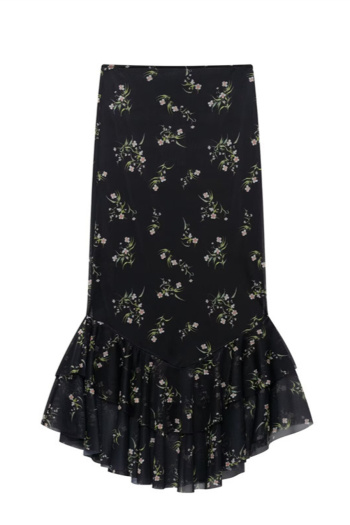 casual non-stretch floral batch printing high-waist maxi skirt