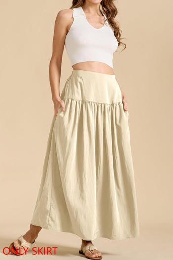 s-xl slight stretch 5-color patchwork pockets high-waist maxi skirts