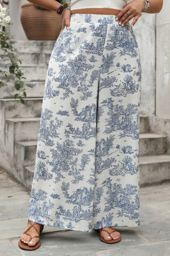 casual plus size non-stretch printed high waist wide leg pants