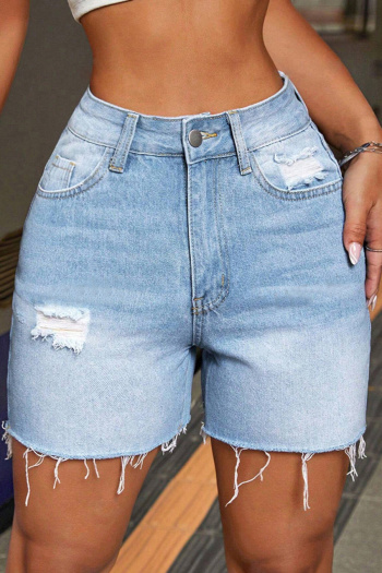 stylish plus size slight stretch raw hem all-match ripped denim shorts