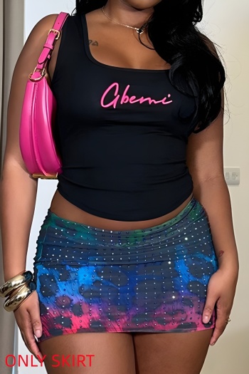 sexy high stretch gradient leopard rhinestone bodycon mini skirt(only skirt)