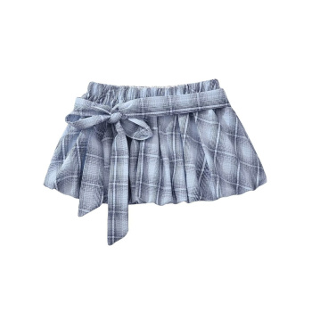 stylish non-stretch plaid print mini skirt with belt & lining