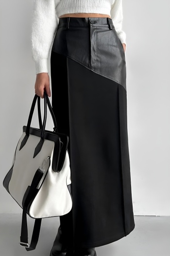 stylish retro slight stretch pu leather stitching all-match maxi skirt