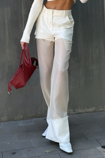 stylish non-stretch pure cotton see through mesh stitching all-match trousers