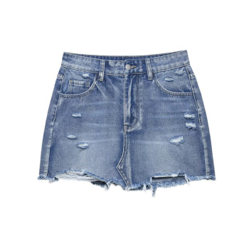 casual non-stretch denim high-waist hole decor mini skirt