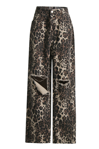 stylish non-stretch high quality leopard print hole straight jeans