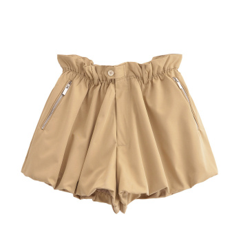casual non-stretch solid color high-waist zip-up shorts