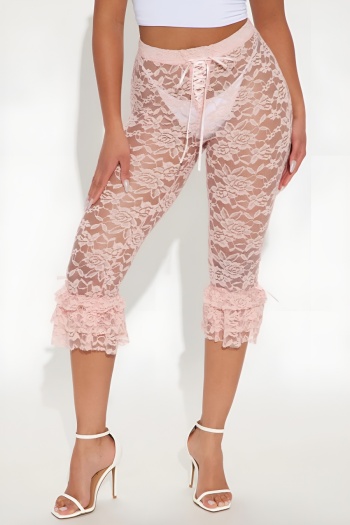 sexy stretch see through lace tie-waist ruffle bow capri leggings(no panty)